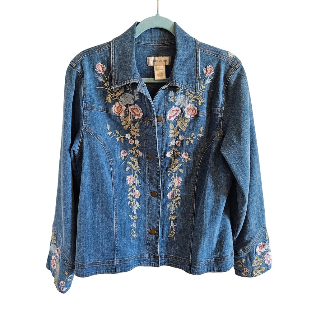 Susan Bristol Floral Embroidered Denim Jacket Blue Cotton Stretch Vintage 2003 L